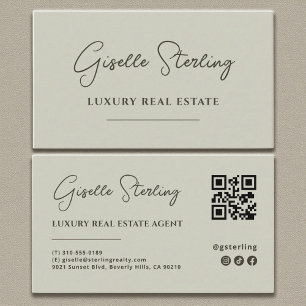 Sage Green Minimalist Script QR Code Business Card