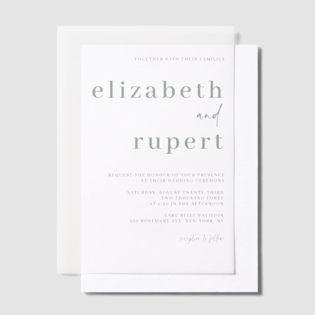 Sage Green Minimalist Serif Typography Wedding Vellum Invitations (Offset)