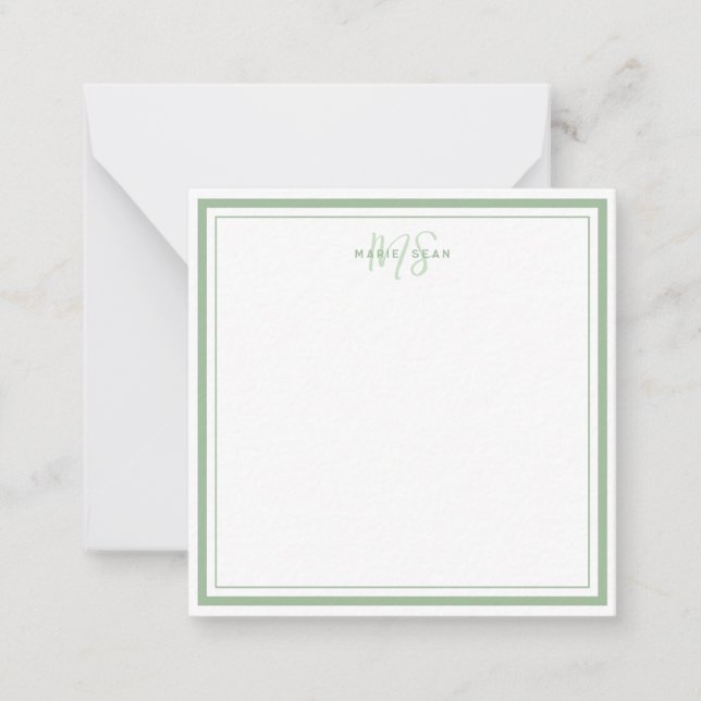 Sage Green Minimalist Simple Monogram Two Border Note Card (Front)