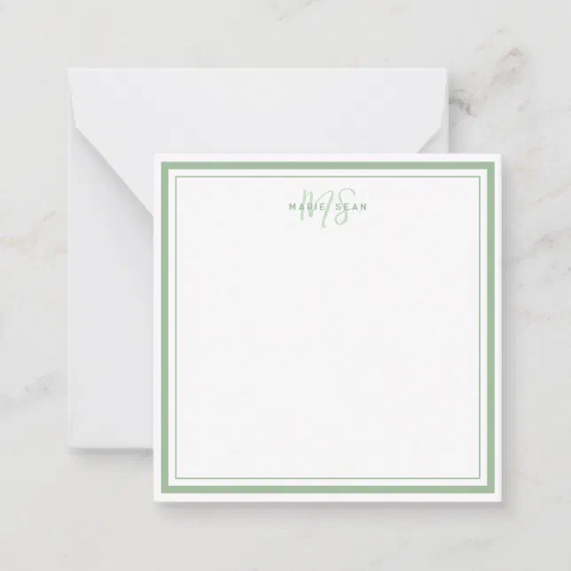 Sage Green Minimalist Simple Monogram Two Border Note Card | Zazzle