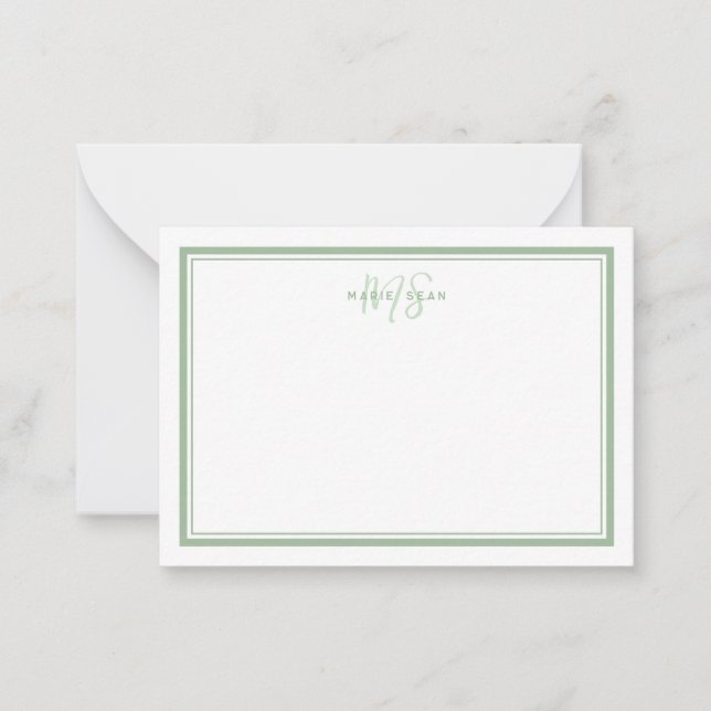 Sage Green Minimalist Simple Monogram Two Border Note Card (Front)