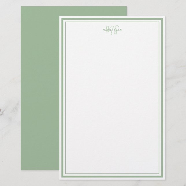 Sage Green Minimalist Simple Monogram Two Border  Stationery (Front/Back)