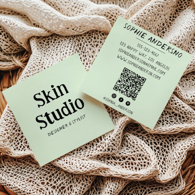Sage Green Minimalist Skin Studio Qr Code Square Business Card (Creator Uploaded)