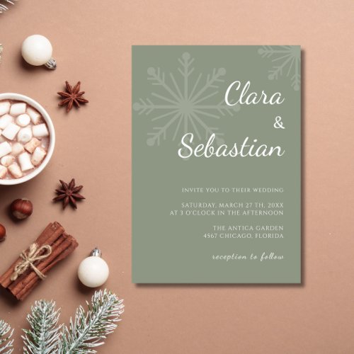 Sage Green Minimalist Snowflake Christmas Wedding Invitation