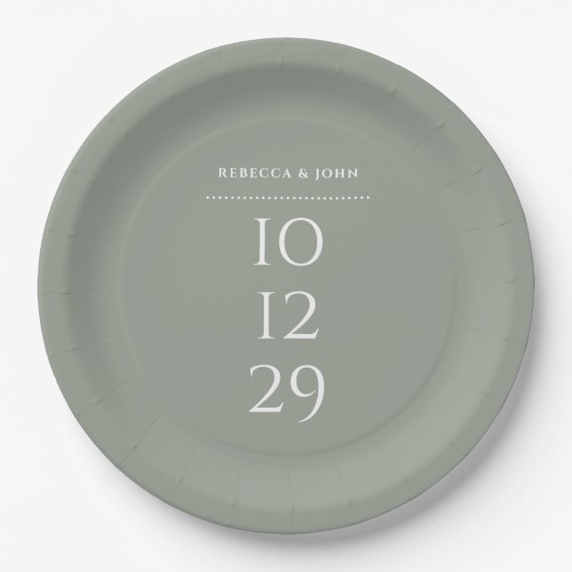 Sage Green Minimalist Special Date Wedding Paper Plates (Front)