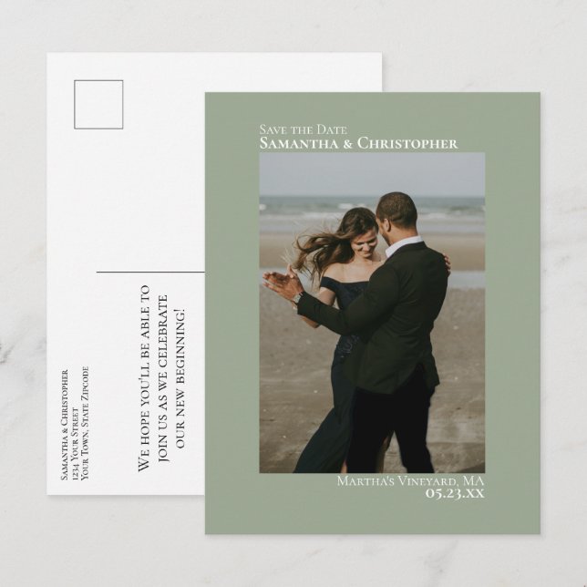 Sage Green Minimalist Wedding Photo Save The Date Announcement Postcard (Front/Back)