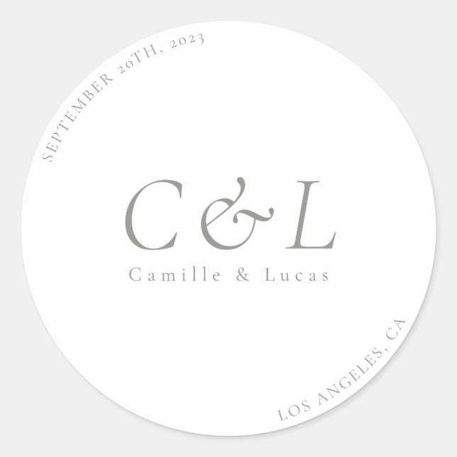 Sage Green Minimalist wedding round sticker (Front)