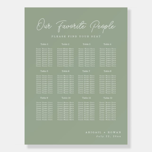 Sage Green Minimalist Wedding Seating Chart Foam Board (Front)