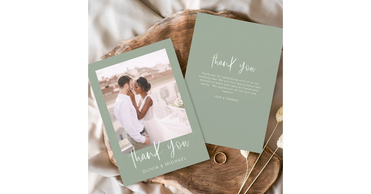 Sage Green Minimalist Wedding Thank You Photo Card | Zazzle