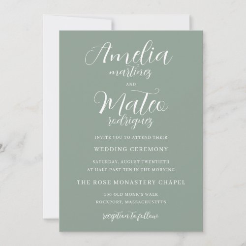 Sage Green Minimalist White Script Wedding Invitation