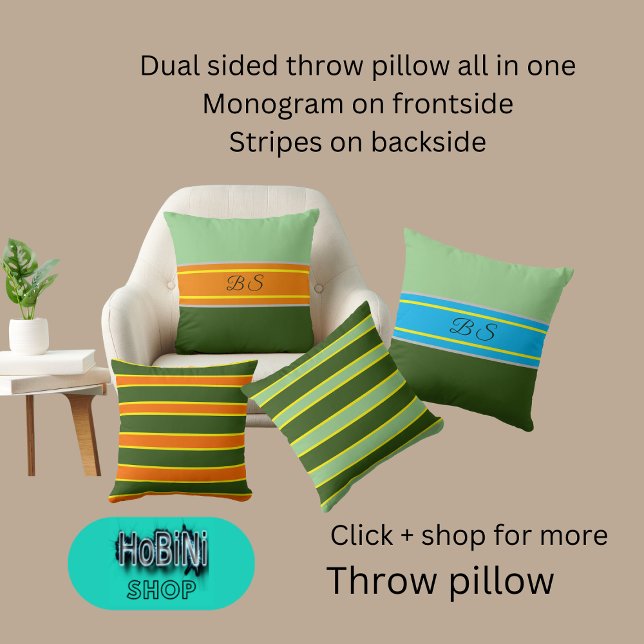 sage green mint hues dual styles monogram stripes throw pillow (Dual sided throw pillow all in one
Monogram on frontside
Stripes on backside)