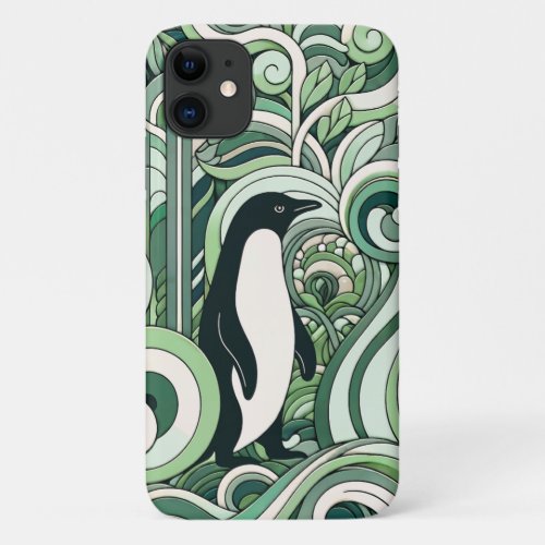 Sage Green Mint Pastel Green Penguin In Swirl Art  iPhone 11 Case