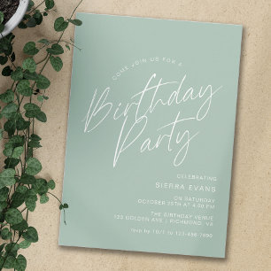 Sage Green Mint Simple Minimal Any Age Birthday Invitation