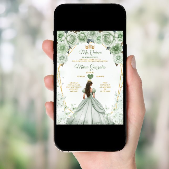Sage Green Mis Quince 15 Anos Gold Crown Butterfly Invitation (Front Digital)