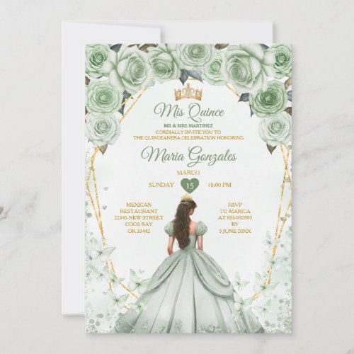 Sage Green Mis Quince 15 Anos Gold Crown Butterfly Invitation