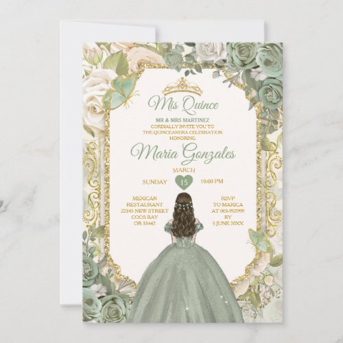 Sage Green Mis Quince 15 Anos Gold Crown Butterfly Invitation