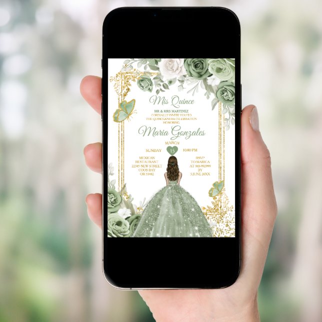 Sage Green Mis Quince 15 Anos Gold Crown Butterfly Invitation (Front Digital)