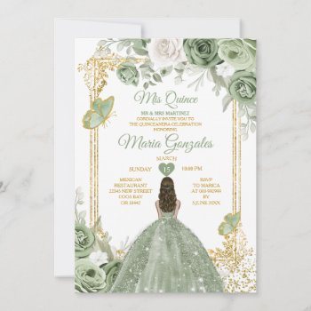 Sage Green Mis Quince 15 Anos Gold Crown Butterfly Invitation by HappyPartyStudio at Zazzle