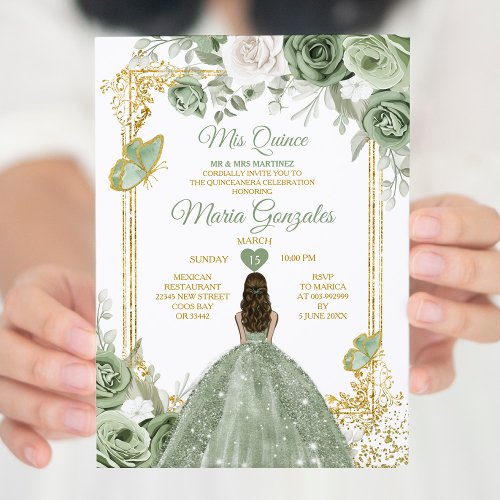 Sage Green Mis Quince 15 Anos Gold Crown Butterfly Invitation