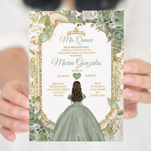 Sage Green Mis Quince 15 Anos Gold Crown Butterfly Invitation