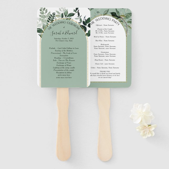 Sage green modern arch botanic wedding fan program (Front and Back)