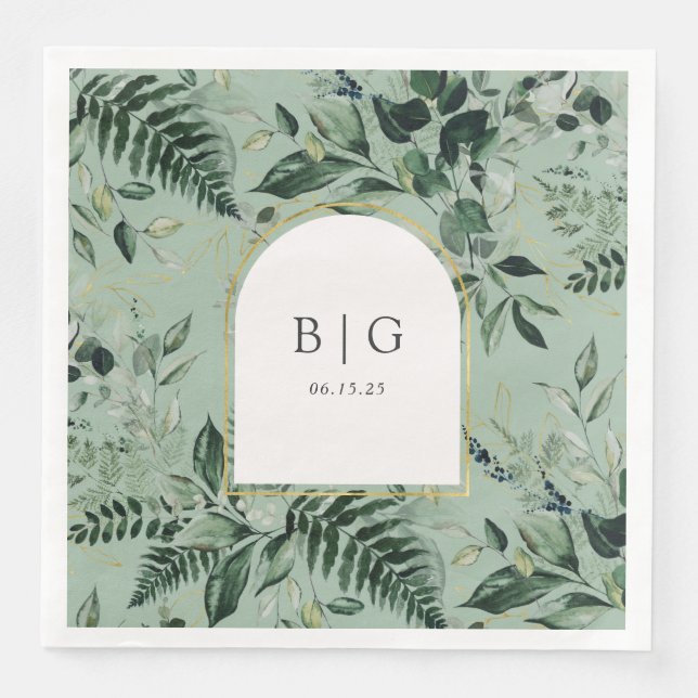 sage green modern arch botanical garden wedding paper dinner napkins (Front)