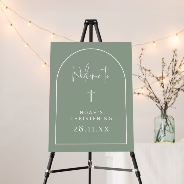 Sage Green Modern Arch Christening Welcome Sign (In Situ (Stand))