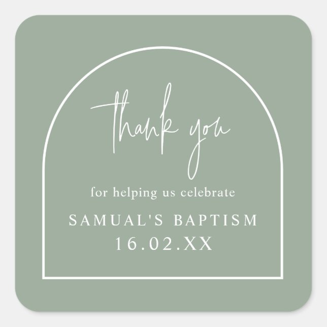 Sage Green Modern Arch Minimal Christening Favor Square Sticker (Front)
