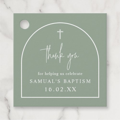 Sage Green Modern Arch Minimalist Baptism Square Favor Tags