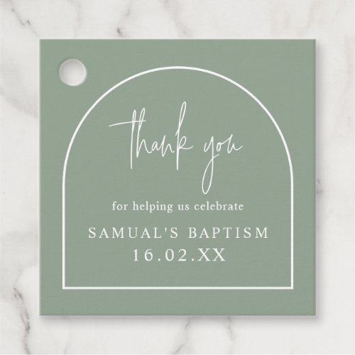 Sage Green Modern Arch Minimalist Baptism Square Favor Tags