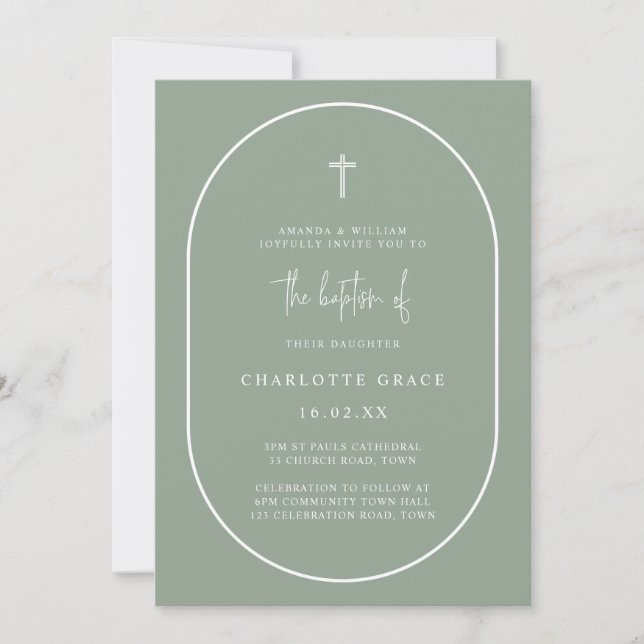 Sage Green Modern Arch Script Minimalist Baptism  Invitation (Front)