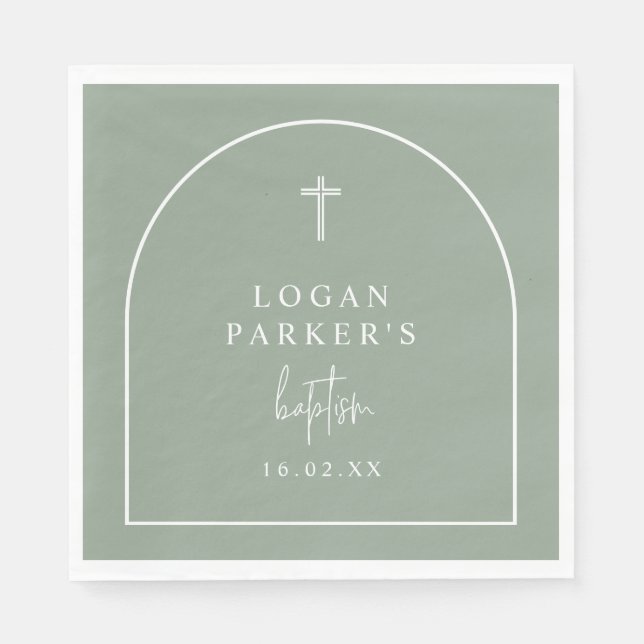 Sage Green Modern Arch Script Minimalist Baptism N Napkins (Front)