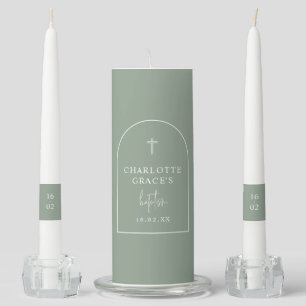 Sage Green Modern Arch Script Minimalist Baptism Unity Candle Set