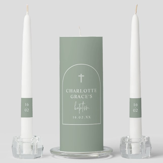 Sage Green Modern Arch Script Minimalist Baptism Unity Candle Set (Front)