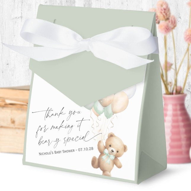 Sage Green Modern Bearly Wait Gender Neutral Favor Boxes (We Can Bearly Wait, Sage Green Baby Boy Shower Favor Box.)