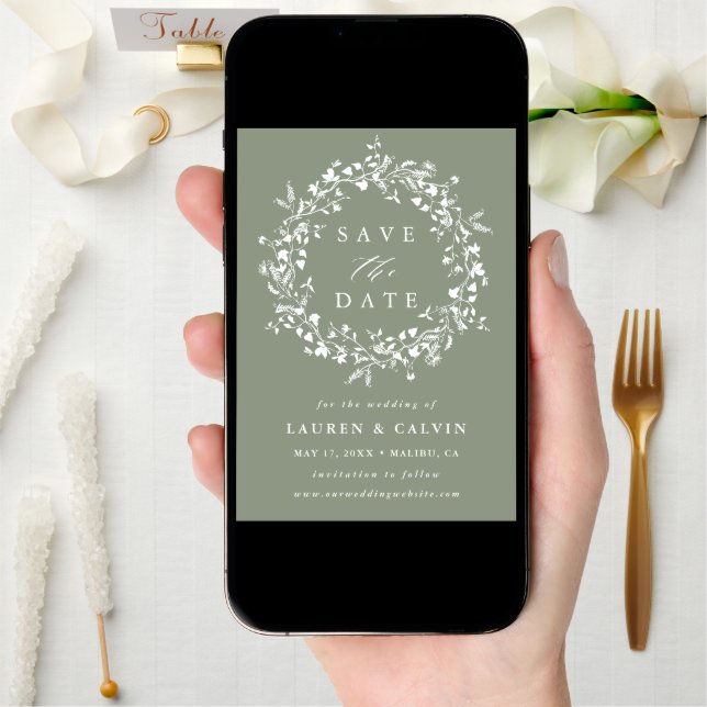 Sage Green Modern Boho Wildflower Wedding Photo Save The Date (Front Digital)