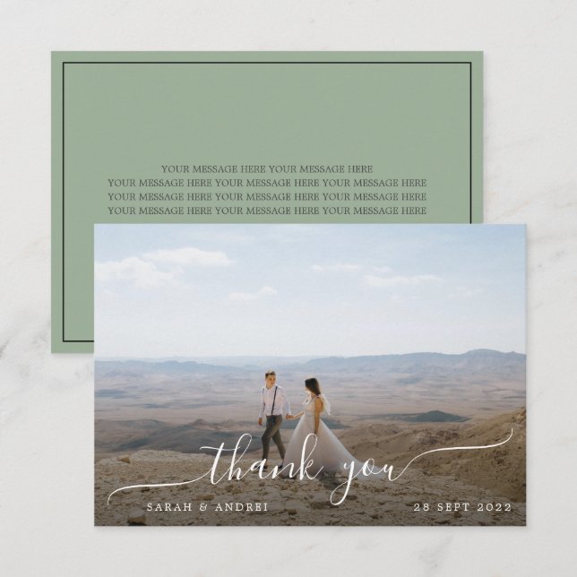 Sage Green Modern Border Photo Script Wedding Thank You Card (Front/Back)