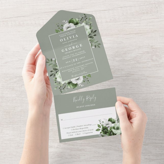 Sage Green Modern Botanical Floral Wedding All In One Invitation (Tearaway)