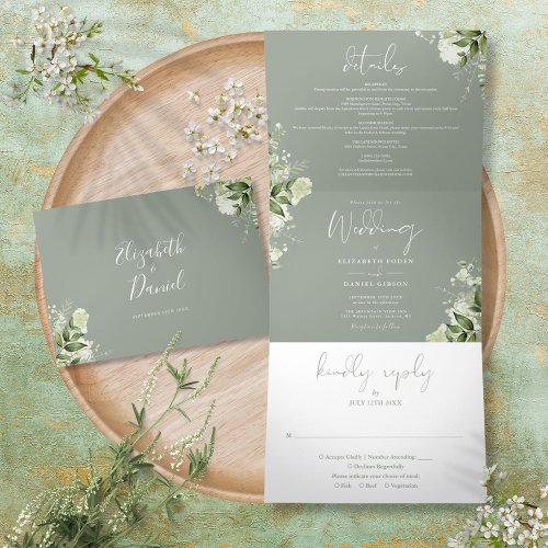 Sage Green Modern Botanical Greenery Photo Wedding Tri_Fold Invitation