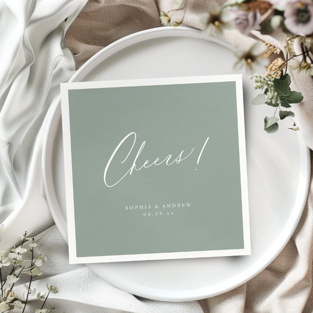 Sage Green modern cheers script minimalist wedding Napkins (Sage Green modern cheers script minimalist wedding Napkins)