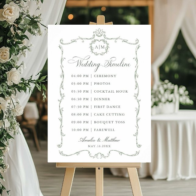 Sage Green Modern Classic French Wedding Timeline Foam Board (Creator Uploaded)