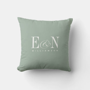 Sage Green Modern Couple Monogram Name Throw Pillow