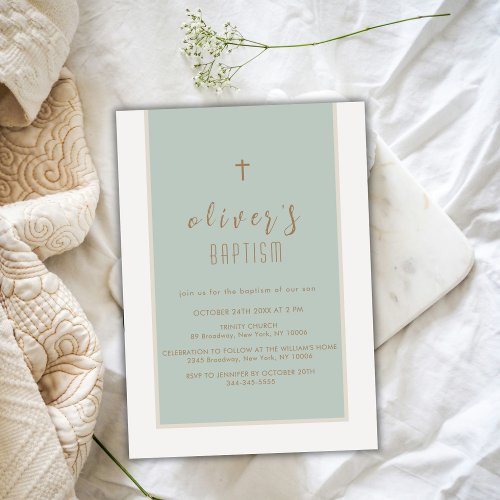 Sage Green Modern Cross Christening Boy Baptism Invitation