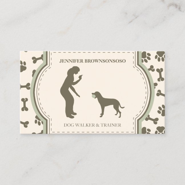 sAGE gREEN mODERN Dog Trainer Simple Paws Pet Business Card