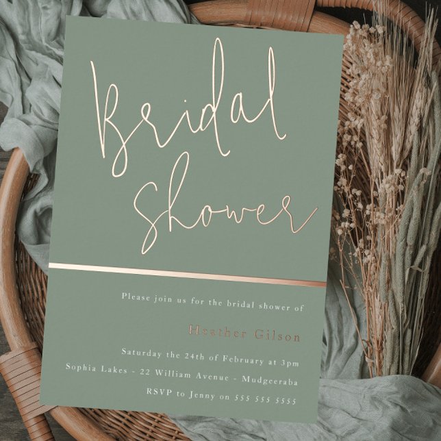 Sage Green Modern Elegant Bridal Shower Rose Gold Foil Invitation (Creator Uploaded)