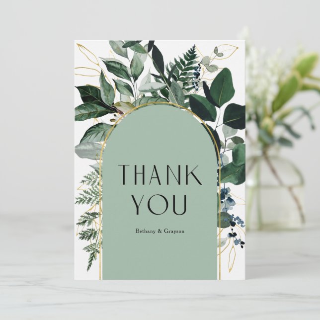 Sage Green Modern elegant Greenery foliage wedding Thank You Card (Standing Front)