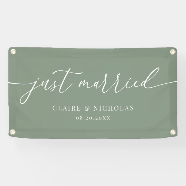 Sage Green Modern Elegant Just Married Wedding Car Banner (Horizontal)
