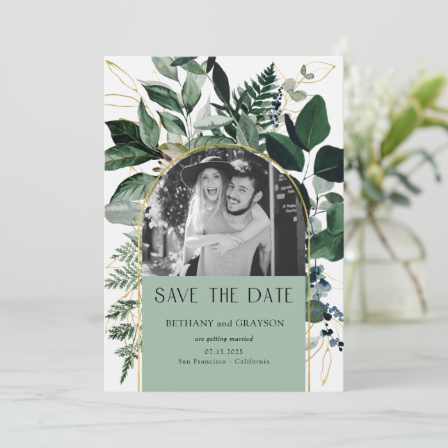 Sage Green Modern elegant QR code Botanical photo Save The Date (Standing Front)