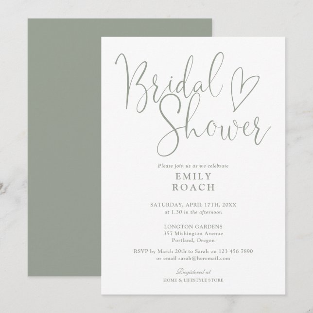 Sage Green Modern Elegant Script Bridal Shower Invitation (Front/Back)