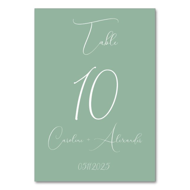Sage Green Modern Elegant Unique Wedding Table Number (Front)